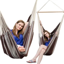 AMANKA Hammock Seat 2 People 150Kg XXL Swinging Cloth Chair 100% Cotton 185x130cm Hanging Fabric Swing Incl Swivel 360° Brown Striped