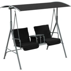 Outsunny 2 Person Covered Patio Swing With Pivot Table & Storage Console Black