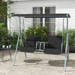 Outsunny 2 Person Covered Patio Swing With Pivot Table & Storage Console Black -Outdoor Furniture Store 88589730 3