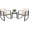 Devoko 3 Piece Rocking Bistro Set Wicker Patio Outdoor Furniture Porch Chairs Conversation Sets With Glass Coffee Table (Beige)
