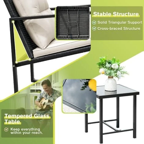 Devoko 3 Piece Rocking Bistro Set Wicker Patio Outdoor Furniture Porch Chairs Conversation Sets With Glass Coffee Table (Beige) 6 Devoko 3 Piece Rocking Bistro Set Wicker Patio Outdoor Furniture Porch Chairs Conversation Sets With Glass Coffee Table (Beige) - Image 4