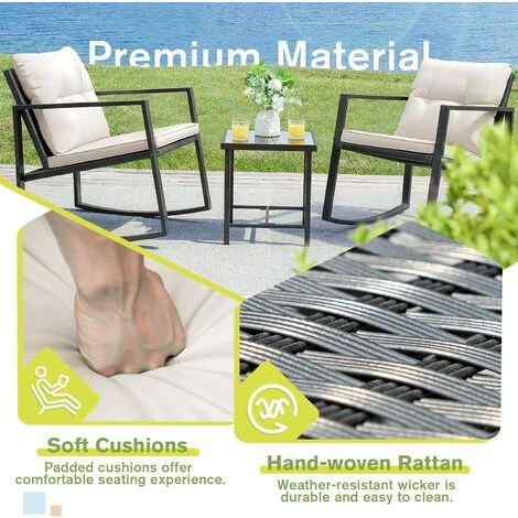 Devoko 3 Piece Rocking Bistro Set Wicker Patio Outdoor Furniture Porch Chairs Conversation Sets With Glass Coffee Table (Beige) 7 Devoko 3 Piece Rocking Bistro Set Wicker Patio Outdoor Furniture Porch Chairs Conversation Sets With Glass Coffee Table (Beige) - Image 5