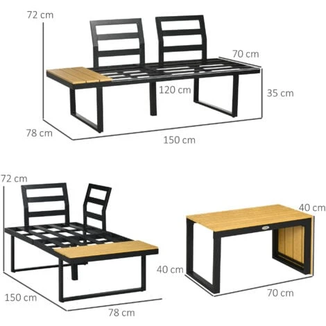 Outsunny 3PCs Patio Furniture Set W/ Cushions, Wood Grain Plastic Top Table 4 Outsunny 3PCs Patio Furniture Set W/ Cushions, Wood Grain Plastic Top Table - Image 2