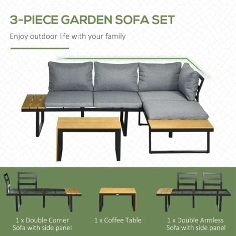 Outsunny 3PCs Patio Furniture Set W/ Cushions, Wood Grain Plastic Top Table 6 Outsunny 3PCs Patio Furniture Set W/ Cushions, Wood Grain Plastic Top Table - Image 4