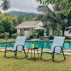 Grand Patio 3 Pieces Rocking Chair Set, Textilene Rocking Bistro Sets With 2 Armchair And 1 Side Table, Weather Resistant, Outdoor Furniture Conversation Set For Porch, Garden, Pool (Blue) -Outdoor Furniture Store 89118320 3