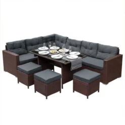 Rattan Corner Dining Set Outdoor Garden Furniture Brown 9-Seater