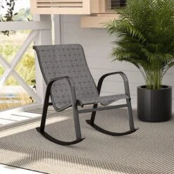 Grand Patio Textilene Rocking Chair, Patio Rocker Seating, Weather Resistant, Lightweight, Relax Armchair For Indoor, Outdoor (Black & Grey Plaid, 1PC)