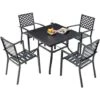 YODOLLA 5 Pieces Garden Dining Sets Outdoor 94cm Square Metal Table And 4 Metal Chairs With Umbrella Hole, Deck, Black