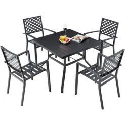 YODOLLA 5 Pieces Garden Dining Sets Outdoor 94cm Square Metal Table And 4 Metal Chairs With Umbrella Hole, Deck, Black