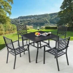 YODOLLA 5 Pieces Garden Dining Sets Outdoor 94cm Square Metal Table And 4 Metal Chairs With Umbrella Hole, Deck, Black -Outdoor Furniture Store 90573639 5