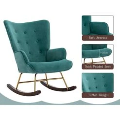 Velvet Rocking Chair Wingback Armchair For Living Room, Green 10 Velvet Rocking Chair Wingback Armchair For Living Room, Green -Outdoor Furniture Store 91014564 4