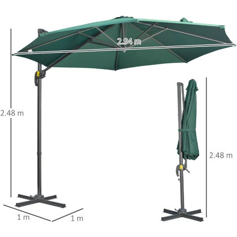 Outsunny Cantilever Roma Parasol 360° Rotation W/ Hand Crank & Base Green 4 Outsunny Cantilever Roma Parasol 360° Rotation W/ Hand Crank & Base Green - Image 2