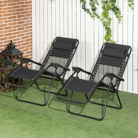 Outsunny Foldable Garden Recliner Chair Set Of 2 W/ Footstool & Headrest Black 5 Outsunny Foldable Garden Recliner Chair Set Of 2 W/ Footstool & Headrest Black - Image 3