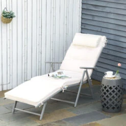 Outsunny Sun Lounger Recliner Foldable Padded Seat Adjustable Texteline White -Outdoor Furniture Store 92889615 3