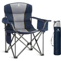 ALPHA CAMP Camping Folding Chair, Portable Oversized Camp Chairs, Foldable Fishing Outdoor Chair With Cup Holder And Cooler Bag For Adults- Heavy Duty Steel Frame Support 200 KG, Blue
