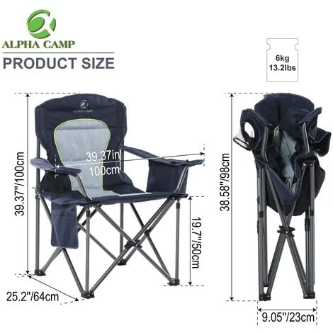 ALPHA CAMP Portable Folding Oversized Camping Chairs With Cup Holder And Cooler Bag - Heavy Duty Steel Frame Support 200 KG 5 ALPHA CAMP Portable Folding Oversized Camping Chairs With Cup Holder And Cooler Bag - Heavy Duty Steel Frame Support 200 KG - Image 3