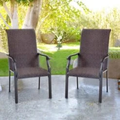 PHIVILLA Patio Dining Chairs Set Of 2, High-Back Outdoor Wicker Rattan Chairs With Oversized Seat, Metal Frame All-Weather Conversation Set For Patio, Backyard, Garden And Poolside, Multibrown