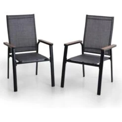 PHIVILLA 2 PCS Aluminium Patio Dining Chairs Set,Textilene Outdoor Stackable Chairs With Wooden Armest For Garden, Poolside,