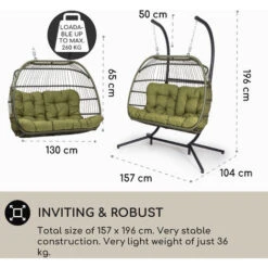 Blumfeldt Biarritz Double Hanging Chair Two-Seater Seat Cushion Polyester Aluminium Polyrattan 260 Kg -Outdoor Furniture Store 93944800 4