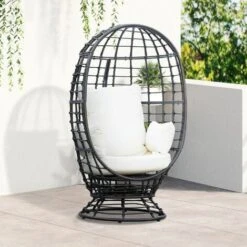 Outsunny Swivel Egg Chair Rattan Outdoor Chair With Cushion For Patio Black -Outdoor Furniture Store 94016093 3