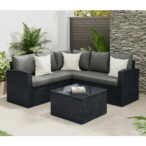 Rosen Garden Outdoor Patio 5 Seater Corner Sofa Set In Black With Raincover 4 Rosen Garden Outdoor Patio 5 Seater Corner Sofa Set In Black With Raincover - Image 2