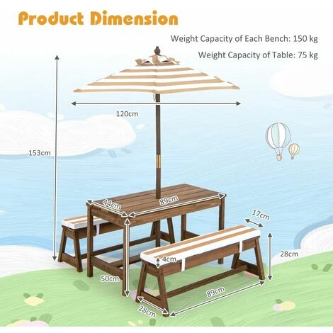 4 PCS Wooden Kids Picnic Table Bench Children Outdoor Activity Desk W/ Umbrella 4 4 PCS Wooden Kids Picnic Table Bench Children Outdoor Activity Desk W/ Umbrella - Image 2