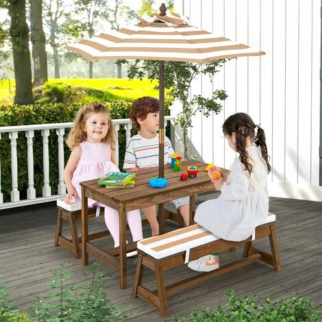 4 PCS Wooden Kids Picnic Table Bench Children Outdoor Activity Desk W/ Umbrella 5 4 PCS Wooden Kids Picnic Table Bench Children Outdoor Activity Desk W/ Umbrella - Image 3