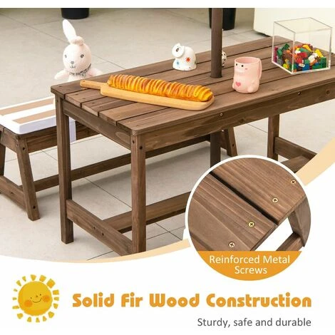 4 PCS Wooden Kids Picnic Table Bench Children Outdoor Activity Desk W/ Umbrella 6 4 PCS Wooden Kids Picnic Table Bench Children Outdoor Activity Desk W/ Umbrella - Image 4