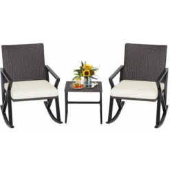 3 Piece Patio Rocking Set Outdoor PE Wicker Rocker Bistro Set
