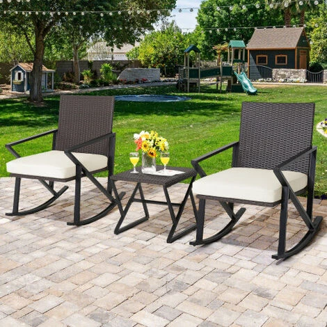 3 Piece Patio Rocking Set Outdoor PE Wicker Rocker Bistro Set 5 3 Piece Patio Rocking Set Outdoor PE Wicker Rocker Bistro Set - Image 3
