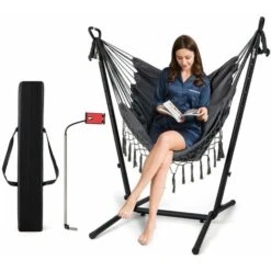 Hammock Chair With Stand Height Adjustable Hanging Chair W/ Phone Holder Pillow