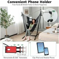 Hammock Chair With Stand Height Adjustable Hanging Chair W/ Phone Holder Pillow -Outdoor Furniture Store 95421649 4
