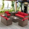 YODOLLA Garden Furniture Sets 7 Pieces Outdoor Rattan Sectional Sofa With Two Storage Boxes,for Garden, Backyard, Deck, Red