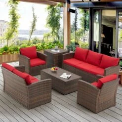 YODOLLA Garden Furniture Sets 7 Pieces Outdoor Rattan Sectional Sofa With Two Storage Boxes,for Garden, Backyard, Deck, Red