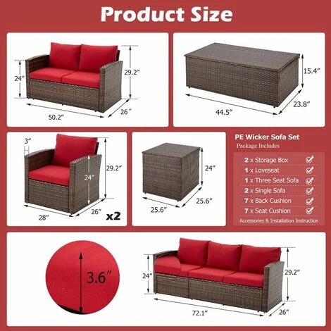 YODOLLA Garden Furniture Sets 7 Pieces Outdoor Rattan Sectional Sofa With Two Storage Boxes,for Garden, Backyard, Deck, Red 6 YODOLLA Garden Furniture Sets 7 Pieces Outdoor Rattan Sectional Sofa With Two Storage Boxes,for Garden, Backyard, Deck, Red - Image 4