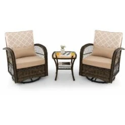 3-Piece Patio Swivel Rocker Set Wicker Swivel Rocking Chairs Glass Coffee Table