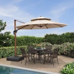 PURPLE LEAF 3.3M Garden Cantilever Parasol, Large Round Patio Umbrella With Crank Handle And Tilt For Balcony And Outdoor, Wood Pattern, Beige