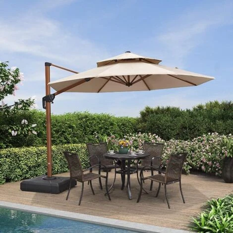 PURPLE LEAF 3.3M Garden Cantilever Parasol, Large Round Patio Umbrella With Crank Handle And Tilt For Balcony And Outdoor, Wood Pattern, Beige 3 PURPLE LEAF 3.3M Garden Cantilever Parasol, Large Round Patio Umbrella With Crank Handle And Tilt For Balcony And Outdoor, Wood Pattern, Beige
