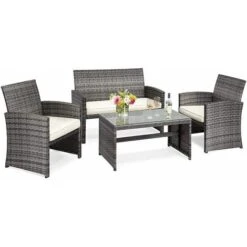 4 PCS Patio Furniture Set PE Rattan Outdoor Wicker Patio Bistro Conversation Set