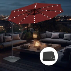 3m LED Banana Garden Parasol Sun Shade Patio Hanging Umbrella Cantilever With Base Cover Wine Red